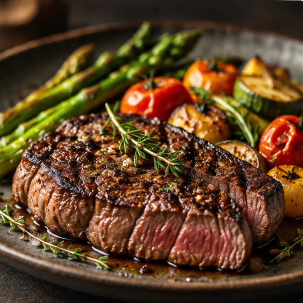 A cooked steak with asparagus, roasted courgette and tomatoes on a stoneware plate