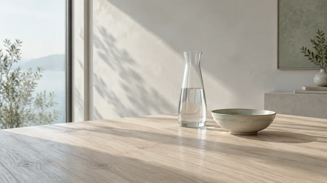 A glass carafe of water and an empty ceramic bowl on a pale oak table in soft morning light