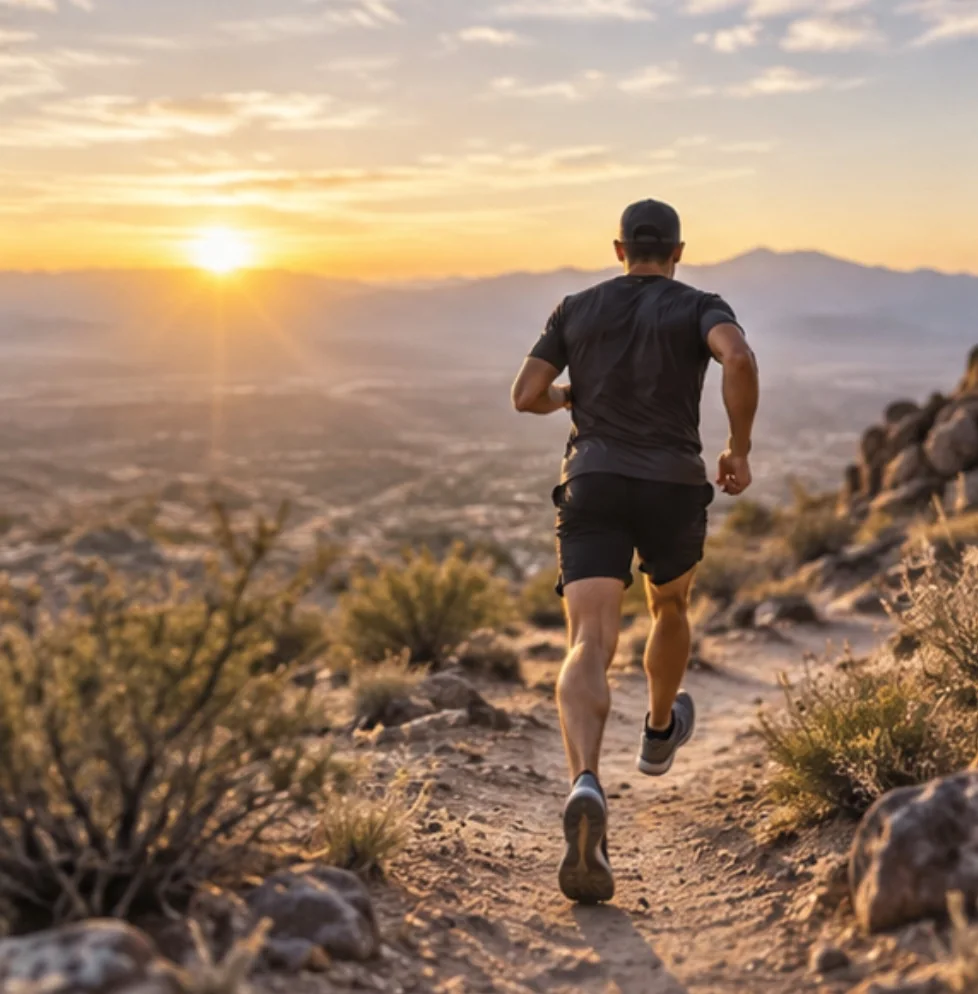 A runner climbing a desert trail at sunrise, with the valley and distant mountains behind